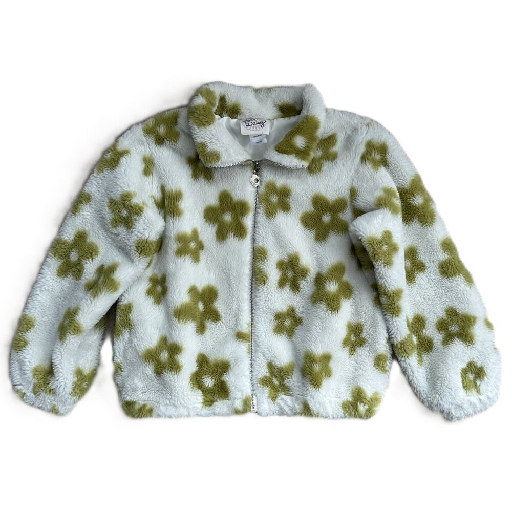 Love Daisy Girl's Size10 Plush Fleece Jacket White with Green Flowers